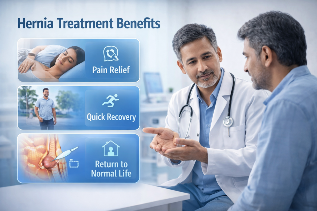 Hernia laparoscopic surgery benefits consultation with doctor and patient